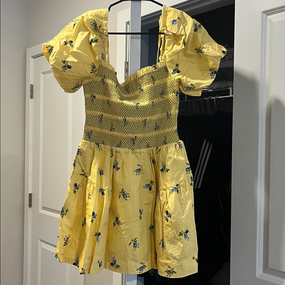 Anthropologie Puff Sleeve Square Neck Smocked Mini Dress